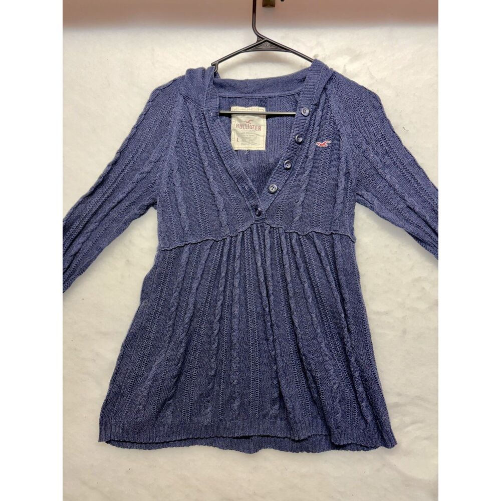 vintage Y2K navy blue Hollister cable-knit babydoll top v neck hooded large